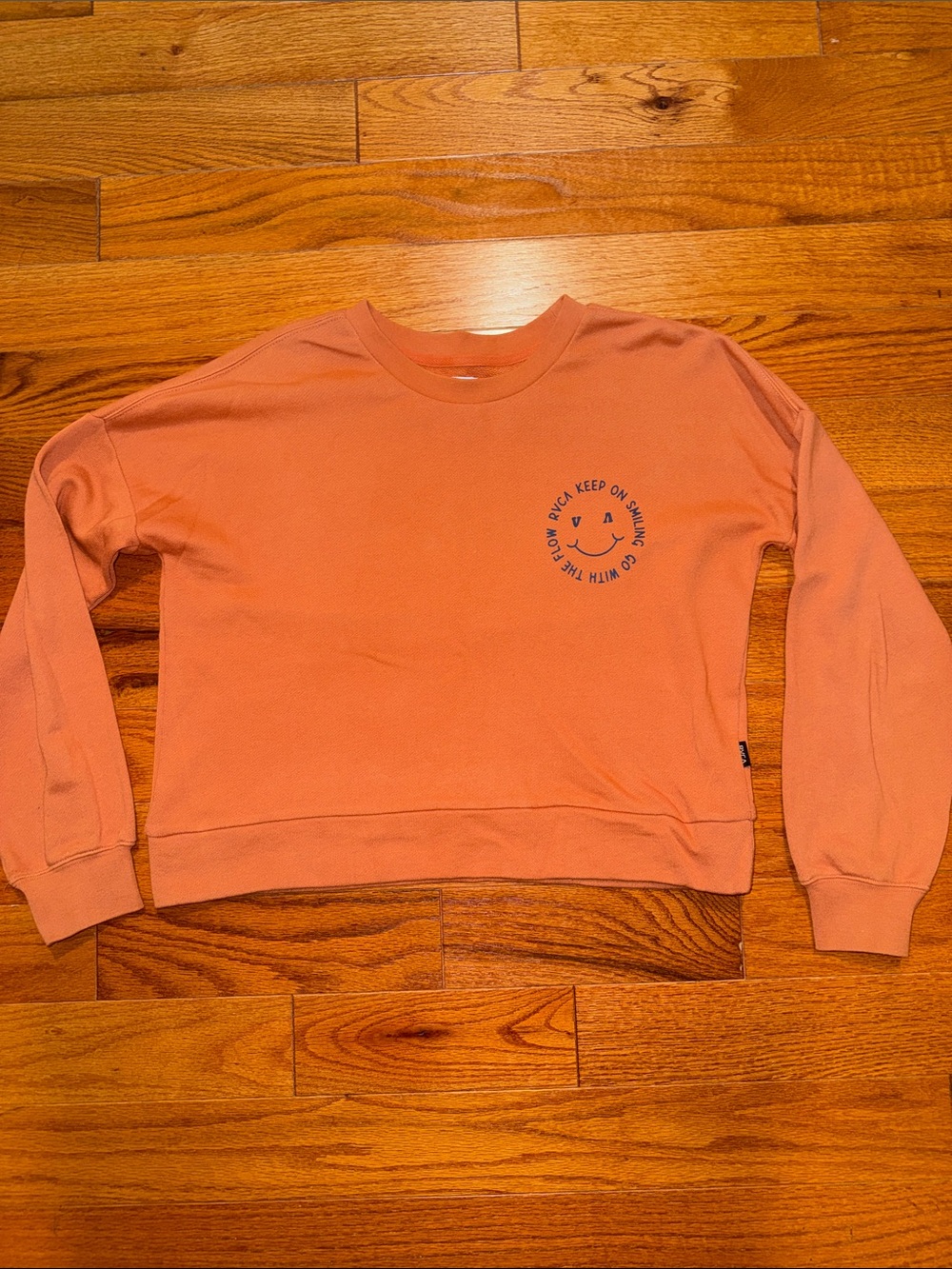 RVCA Peach Crewneck Sweatshirt with Smiley Graphic print on front & back XS
